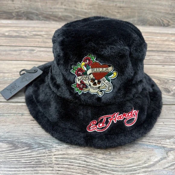 Ed Hardy Denim Tattoo Design Reversible Bucket Hat,Color Black Multi Color NWT Ed Hardy Tattoo Skull Hat Flames Blue Gray White Snapack  main image 2